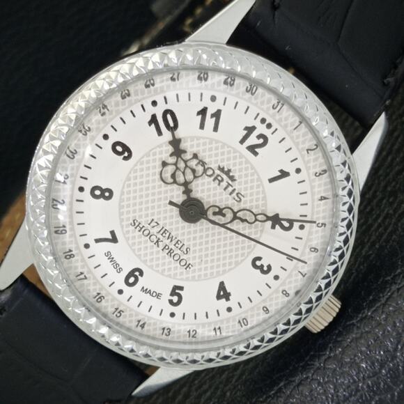 Vintage 1980 Fortis Manual Mens Silver Watch W/Leather Strap & Black accents - Picture 1 of 9